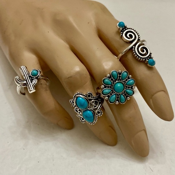 Vintage 4pc Silver Tone- Faux Turquoise Rings (I) - Picture 7 of 13